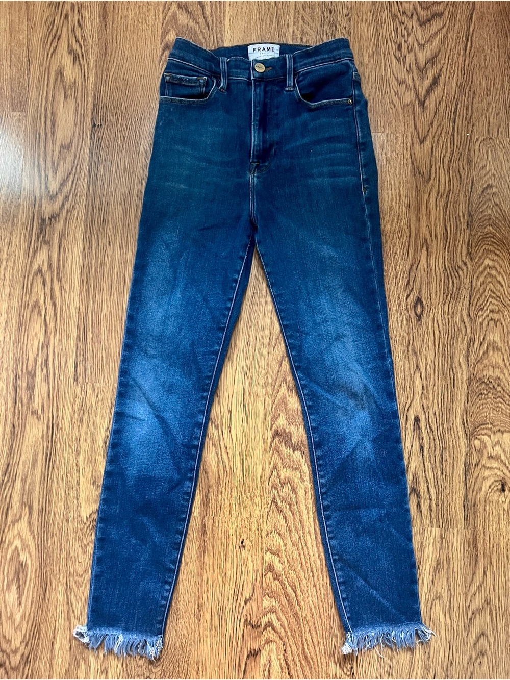FRAME Ali High Rise Cigarette Jeans 26 Medium Wash Raw Hem